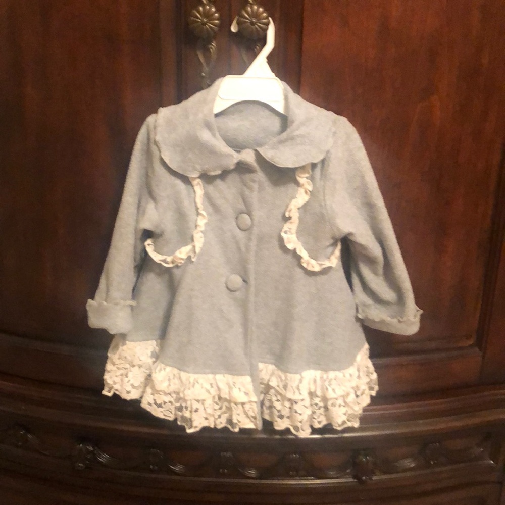 Peaches ‘n Cream Light Grey Coat, Lace trim